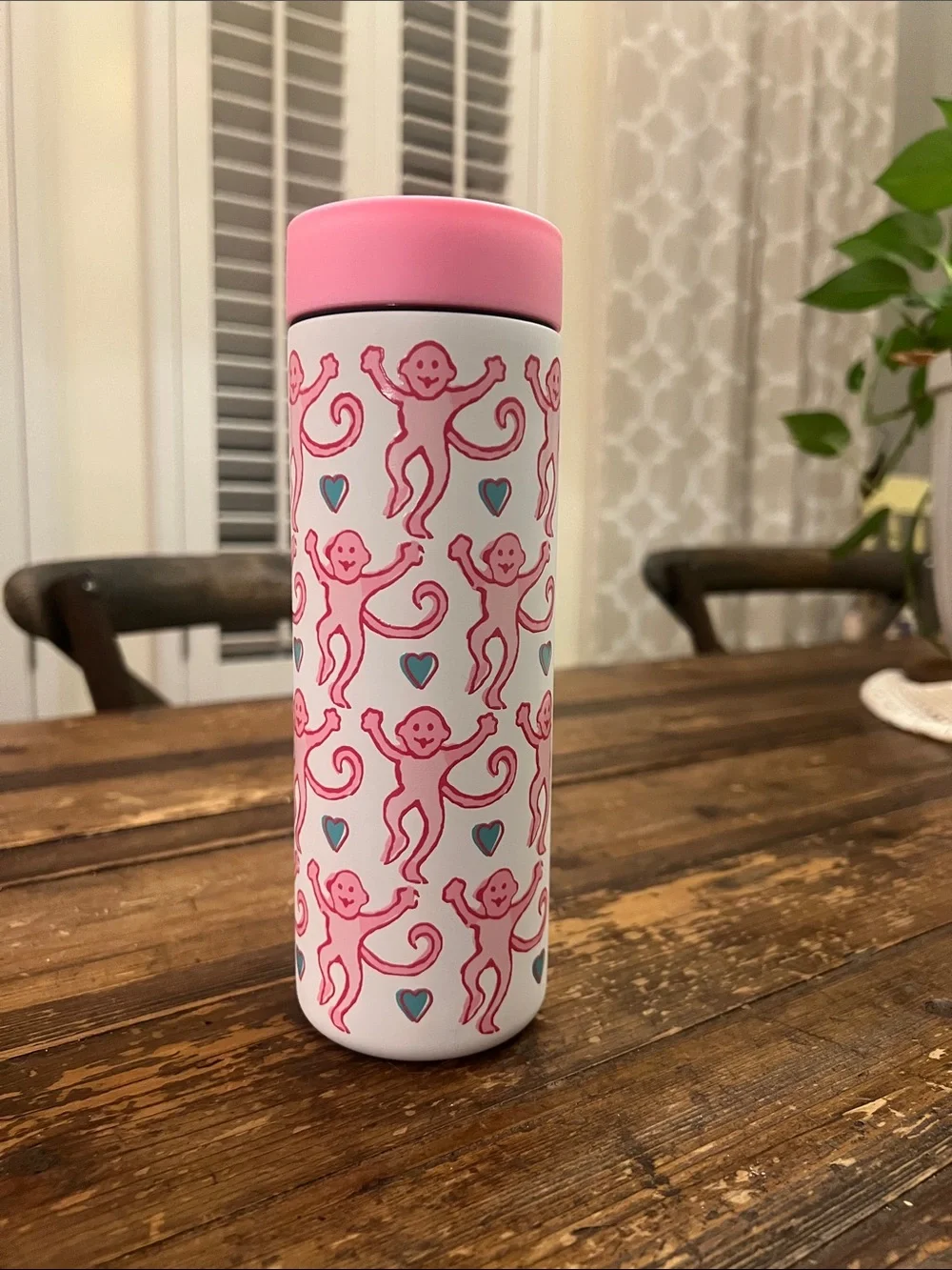 NEW Roller Rabbit X Starbucks Stainless Thermos- Monkey Pattern - Pink & White